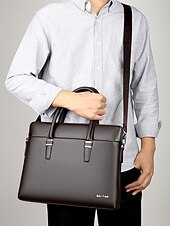 お買い得  メンズバッグ-取り外し可能なショルダーストラップ付きメンズフェイクレザービジネスブリーフケース - オフィスや旅行に最適なプロフェッショナルラップトップバッグ ブラック ブラウン