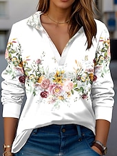baratos Camiseta floral-Camiseta Feminina Rosa Moderna Manga Longa Decote V Golinha Tops Regulares Trabalho Estampada Preto Branco Amarelo Rosa Vermelho Verão Primavera Outono