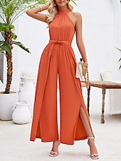 cheap Vacation Jumpsuit-Women&#039;s Normal Jumpsuit Active Solid Color Sleeveless Halter Neck High Waist Tie Belt Vacation Daily Regular Fit Red Green Summer