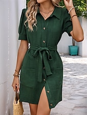 ieftine proiectează rochii din bumbac și in-Pentru femei Rochie Lunga Rochie Maxi Rochii inspirate din in Rochii Tip Cămașă Rochie casual Elegant Stilat Casual Vacanță Petrecere Muncă Fit regulat Simplu Manșon scurt Guler Cămașă Verde Militar