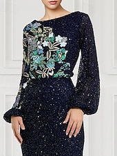 economico BLU-Tubino / Colonna Abito da Sera Elegante Vestito Formale Matrimonio Lunghezza al pavimento Manica Lunga Collo gioiello Con Paillettes con Glitter Spacco Ricamo 2025