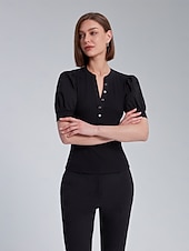 economico Bluse e camicie-Per donna Tinta unica Formale All&#039;aperto Ufficio Manica a Palloncino Nero Rosa Manica a sbuffo Manette Bottoni Davanti Manica Corta Elegante Moda Casual Quotidiano Dentellato Estate Primavera