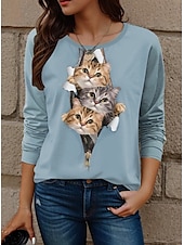 billige Dyrene tee-Dame T skjorte Katt Mote Moderne Fritid Langermet Crew-hals Vanlige topper Daglig Helg Trykt mønster Hvit Gul Rød Blå Dusty Blue Høst Vinter