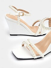 abordables Sandales Décontractées-talons compensés ornés de perles pour femmes – sandales de mariage élégantes à bout ouvert pour les mariées et les occasions formelles