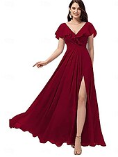 cheap Bridesmaid Dresses-A-Line Bridesmaid Dress V Neck Short Sleeve Elegant Floor Length Chiffon with Split Front 2022