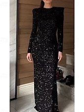 preiswerte SCHWARZ-Sheath  Column Abendkleid Partykleid Abendparty Party-Bekleidung Bodenlang Langarm Rundhalsausschnitt Spandex Rückenfrei mit Glitzer Paillettenstickerei