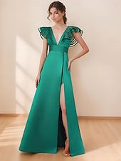 baratos VERDE-Vestido de noite em linha a, vestido elegante, festa formal, comprimento até o chão, sem mangas, decote em v, cinto/faixa, cetim com fenda 2025