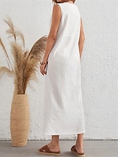 abordables vestidos de algodón y lino de diseño-Mujer Vestido maxi Vestidos de lino y algodón Básico Casual Vacaciones Diario Ajuste regular Plano Sin Mangas Cuello Barco Blanco Verano