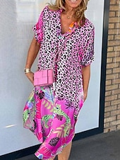 abordables Robes de vacances-Femme robe longue Robe d&#039;été Robe d&#039;été Rétro Vintage mode Vacances du quotidien Ample Graphic Léopard Manche Courte Col V Rose Claire Bleu Orange Marron Eté