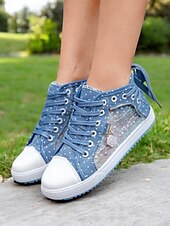 economico Sneakers da donna-sneakers alte in tela con lacci blu da donna con pannelli in rete ricamati, design a pois per abbigliamento casual e outdoor