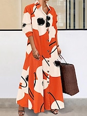 cheap Casual Floral Dresses-Women&#039;s Long Dress Maxi Dress Shirt Dress Casual Dress Summer Dress Stylish Casual Vacation Daily Date Regular Fit Floral Graphic Long Sleeve Lapel Black And White Black Blue Orange Summer Spring