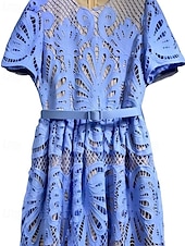 voordelige Cocktailjurken-Blauwe cocktailjurk kant strandbruiloft A-lijn elegante jurk bruiloft gast jurk semi-formele feestkleding thee lengte midi lengte korte mouw afgeronde zoom met borduurwerk jurken