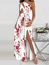 cheap Elegant Floral Dresses-Women&#039;s Long Dress Maxi Dress Casual Dress A Line Dress Floral Dress Summer Dress Elegant Stylish Vacation Daily Date Regular Fit Floral Sleeveless One Shoulder White Pink Red Summer