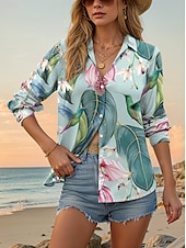 economico Top da Vacanza per Donne-Per donna Camicia Floreale Casual Manica Lunga Colletto a Camicia Top Regolari Lavoro Quotidiano Bottoni Stampato Verde Primavera Autunno Inverno