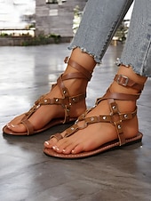 preiswerte Damensandalen-Damen-Gladiatorsandalen im Bohemian-Stil – flache Riemchenschuhe im Römerstil mit Schnürung und Nietendetails für Sommer, Strand und Freizeit