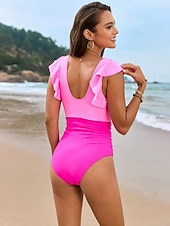 billiga One-piece-baddräkter-Dam Badkläder En bit Monokini Baddräkt Volang Nät Öppen rygg Magkontroll Hög midja Semester Standkläder Ensfärgat V-hals Ärmlös Baddräkter