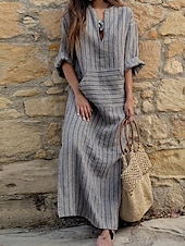 preiswerte bedruckte Kleider aus Baumwolle und Leinen-Damen Normal Maxikleid Baumwoll-Leinen-Kleider Vintage-Kleid Stilvoll Lässig Arbeit Täglich Lässiger Schnitt Gestreift Langarm V Ausschnitt Rote Grün Grau Frühling Herbst