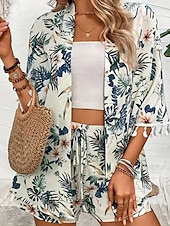 billiga Blazers och kostymer-Dam Kostymer Andningsfunktion Bekväm Tofs Mönster Ledigt Blommig Semester Gata Dagliga kläder Utekväll Öppen front Normal Kraglös Normal 3/4 ärm Ytterkläder Vit Sommar Vår