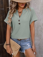 preiswerte Einfarbiges T-Shirt-Damen T Shirt T-Shirt Knöpfe Einfach Mode Stilvoll Klassisch Kurzarm V Ausschnitt Normale Oberteile Täglich Ausgehen Wochenende Blau Schwarz Purpur Fuchsie Grün Sommer Frühling