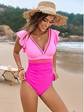billiga One-piece-baddräkter-Dam Badkläder En bit Monokini Baddräkt Volang Nät Öppen rygg Magkontroll Hög midja Semester Standkläder Ensfärgat V-hals Ärmlös Baddräkter