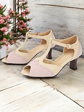 cheap 1930s-Women&#039;s Vintage Colorblock T-Strap Peep-Toe Heels – Elegant Mid Heel Sandals with Buckle Closure for Office, Casual &amp; Formal Occasions
