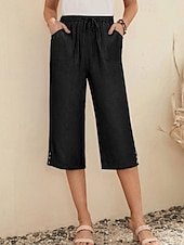 baratos Shorts de linho de algodão-Mulheres Shorts de algodão e linho Calção Leve Casual Comprimento do joelho Cintura Média Tecido Bolsos Com Cordão Respirabilidade Confortável Sem Elasticidade Casual / Diário Final de semana Azul de
