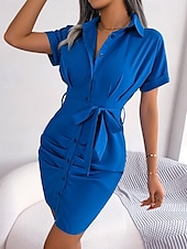 ieftine Rochii Business-Pentru femei Rochie Mini Rochii Tip Cămașă Rochie casual Rochie de vară Stilat Casual Vacanță Zilnic Dată Fit regulat Simplu Manșon scurt Rever Roz Îmbujorat Roșu-aprins Albastru piscină Var