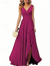 abordables Robes de demoiselle d&#039;honneur-Robe en A Robe de demoiselle d&#039;honneur Col en V Sans manches Élégante Longueur de sol Chiffon avec volants  fente avant  fronces
