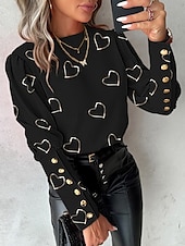 voordelige Vrouwen Werk Tops-Valentijnsdag Dames Overhemd Blouse Hart Stijlvol Casual Lange mouw Strakke ronde hals Normale tops Dagelijks Knop Afdrukken Zwart Wit Zomer Lente