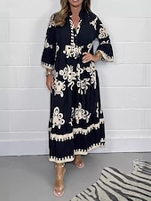 billige Uformelle blomsterkjoler-Dame Maxikjole Uformell kjole Boho elegante kjoler Boho-kjole Bohem Stilfull Fritid Feriereise Daglig Strand Løstsittende Grafisk 3/4 ermer V-hals Svart Rød Grønn Beige Sommer Vår