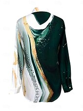 economico Top d&#039;Arte e Design per Donne-Camicia da donna a maniche lunghe blusa con bottoni grafica ombre marmo quotidiana alla moda colletto camicia lunghe tops quotidiani bottoni stampa verde estate primavera