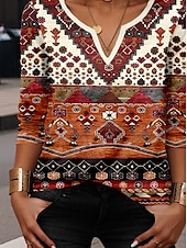 tanie T-shirt boho-Damskie Podkoszulek Graficzny Geometryczny Codzienny Długi rękaw Karbowana szyja Zwykłe topy Codzienny Nadruk Brązowy Wiosna Jesień