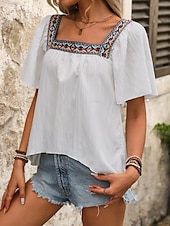 abordables Hauts de Vacances pour Femmes-Femme Chemise Chemisier Couleur unie mode Décontractées Manche Courte Col Carré Hauts réguliers du quotidien A Volants Patchwork Brodée Noir Blanche Eté Printemps