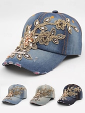 abordables Chapeaux pour femmes-casquette de baseball en denim à imprimé floral pour femme avec détails en strass et perles – chapeau décontracté tendance pour l&#039;extérieur, le quotidien et l&#039;été
