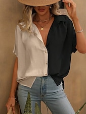 voordelige Vrouwen Werk Tops-Dames Overhemd Blouse Effen Kleur Stijlvol Casual Korte mouw Overhemdkraag Normale tops Dagelijks Knop Zwart Wit Zomer Lente