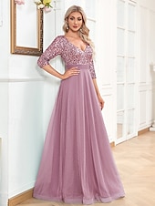 preiswerte BLAU-A-Linie Abschlussballkleider Glitzerndes Kleid Formelle Hochzeit Bodendeckend Langarm V-Ausschnitt Tüll mit Glitzer
