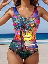 billiga One-piece-baddräkter-Damernas baddräkter Helfärgad monokini baddräkt rygglös magkontroll hög midja slim semester strandkläder grafisk U-hals ärmlös baddräkt