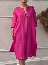 preiswerte Kleider-Damen Langes Kleid Maxikleid Leinen-inspirierte Kleider Freizeitkleid Stilvoll Lässig Urlaub Täglich Date Normale Passform Einfach Langarm V Ausschnitt Schwarz Hellgrün Rosa Rote Sommer Frühling
