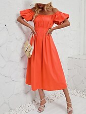 abordables Robe de cocktail-Femme Robe mi-longue Robe casual Robe Évasée Robe Trapèze Elégant mode Décontractées Vacances du quotidien Standard Plein Manche Courte Epaules Dénudées Rose Claire Orange Eté Printemps