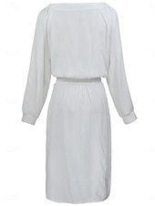 preiswerte Kleider aus Baumwolle und Leinen entwerfen-Damen Midikleid Baumwoll-Leinen-Kleider Freizeitkleid A Linie Kleid Basic Urlaub Täglich Normale Passform Einfach Langarm V Ausschnitt Weiß Sommer Frühling