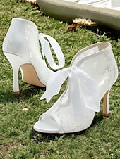 ieftine Casual-papuci de damă din dantelă albă cu vârf deschis la gleznă cu cravată panglică din satin – pantofi de mireasă eleganți cu toc înalt pentru mirese