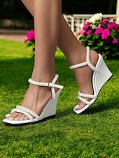 abordables Sandales Décontractées-talons compensés ornés de perles pour femmes – sandales de mariage élégantes à bout ouvert pour les mariées et les occasions formelles