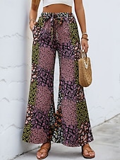 baratos perna larga e cintura alta-Mulheres Perna larga chinês Moda Roupa de rua Comprimento total Cintura Alta Leopardo Bolsos Cintura elástica Estampado Confortável Macio Micro-Elástica Ao ar livre Rua Preto Verão Primavera Normal