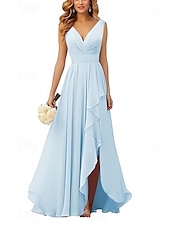 abordables Robes de demoiselle d&#039;honneur-Robe en A Robe de demoiselle d&#039;honneur Col en V Sans manches Élégante Longueur de sol Chiffon avec volants  fente avant  fronces