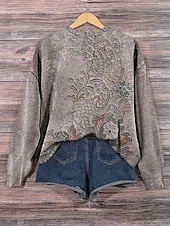 tanie Kwiatowe bluzy z kapturem-Damskie Z kapturem Nadruk Kwiaty Codzienny Długi rękaw Okrągły dekolt Zwykłe topy Codzienny Praca Na co dzień Szary Jesień Zima