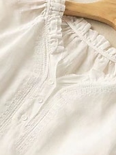 economico Camicie-Per donna Camicia Camicie ispirate al lino Blusa Tinta unica Elegante Casual Manica 3/4 Scollo a V Top Regolari Quotidiano Volant Ricamato Bottoni Bianco Blu Estate Primavera Autunno