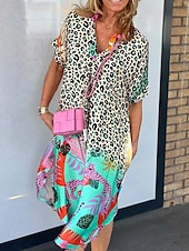 abordables Robes de vacances-Femme robe longue Robe d&#039;été Robe d&#039;été Rétro Vintage mode Vacances du quotidien Ample Graphic Léopard Manche Courte Col V Rose Claire Bleu Orange Marron Eté