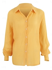 cheap Shirts-Women&#039;s Shirt Cotton Linen Shirts Button Up Blouse Solid Color Basic Casual Long Sleeve Shirt Collar Regular Tops Daily Buttons Yellow Green Summer Spring