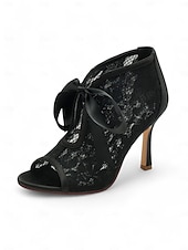 ieftine Casual-papuci de damă din dantelă albă cu vârf deschis la gleznă cu cravată panglică din satin – pantofi de mireasă eleganți cu toc înalt pentru mirese