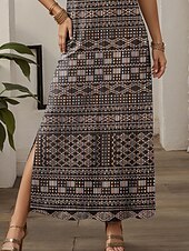 preiswerte Boho Kleider-Damen Maxi Kleid Sommerkleid Shift Kleid Sommerkleid Hawaiian Drop Shoulder Party Urlaub Strand Lockere Passform Vintage Ethnisch Kurzarm V-Ausschnitt Braun Sommer Frühling